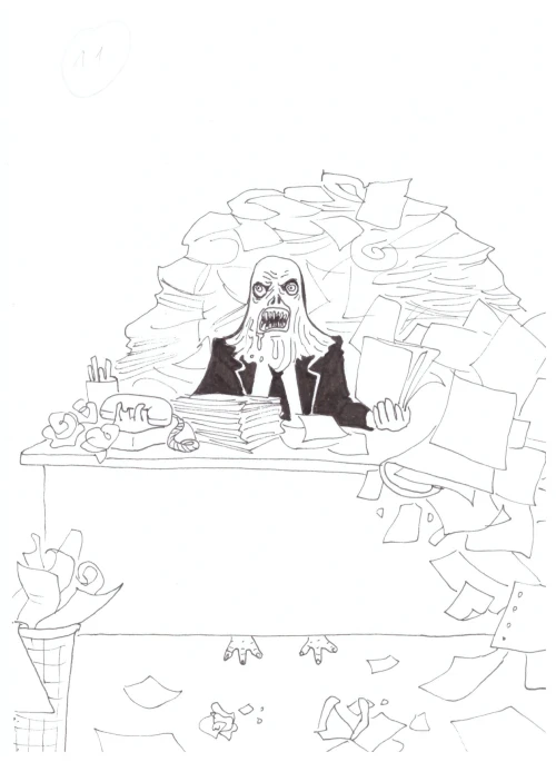 100 Women Challenge — 8 - A Report of the Banality of Evil — Ink drawing by Roberta Gattel