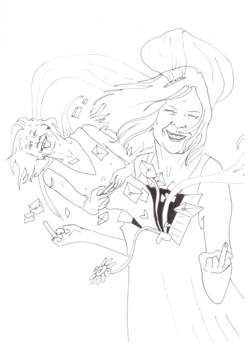 100 Women Challenge — 79 - Monsters: A Fan's Dilemma — Ink drawing by Roberta Gattel